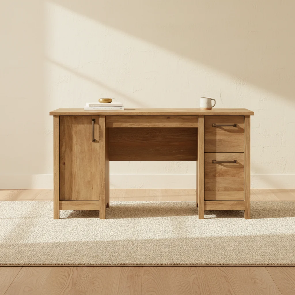 53.15 Office Desk with 2-Drawers & Cabinet- Light Brown