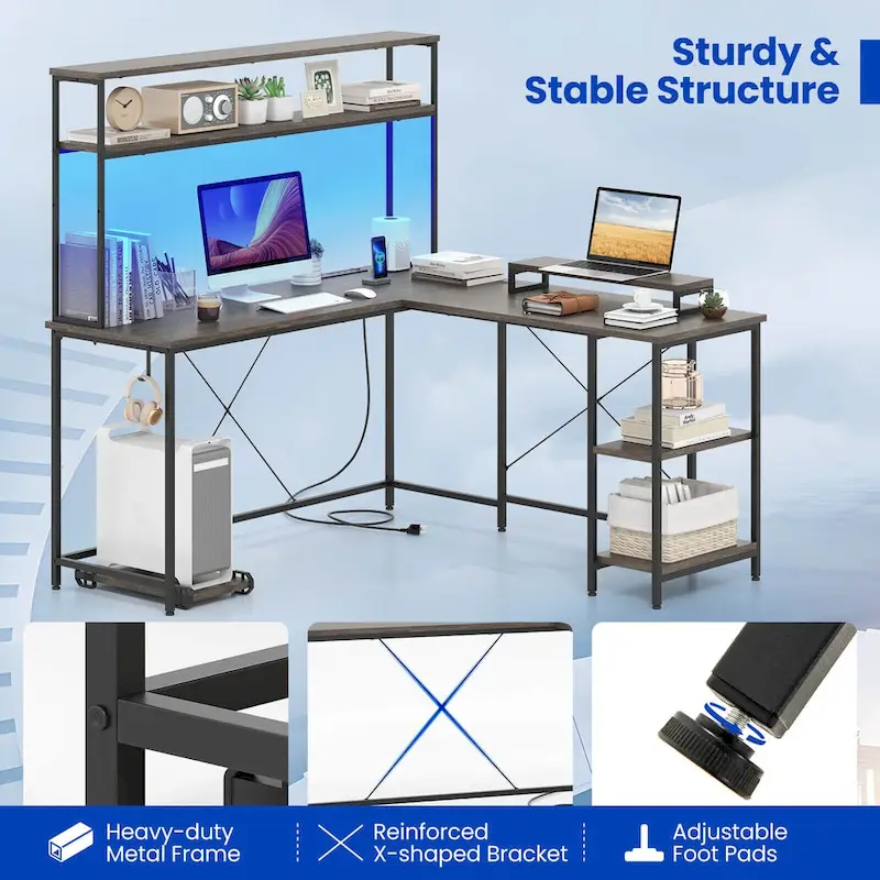 L-Shaped Gaming Desk with LED Strip & Power Outlets