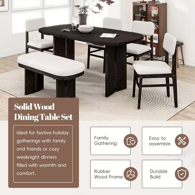 6 Piece Dining Table Set Dining Set Kitchen Table Set with Upholstered Chairs and Bench, Farmhouse Rustic Style, Natural/Espresso-ModernLuxe