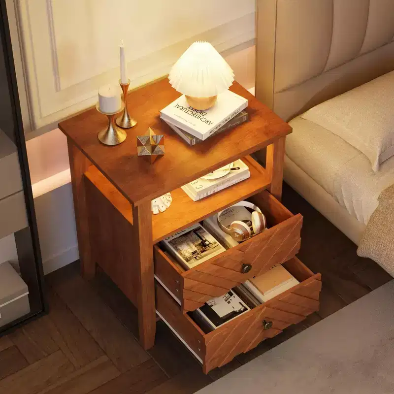 LED Night Stand with 2 Storage Drawers and Legs, Farmhouse Nightstand with Open Storage Shelf, Rustic Bedside Table for Bedroom Living Room