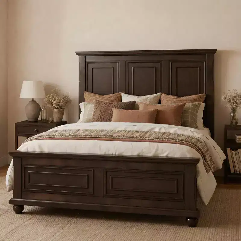 Queen/King Size Platform Bed with Tall Headboard, Vintage Pinewood Bed Frame, Traditional Style - ModernLuxe