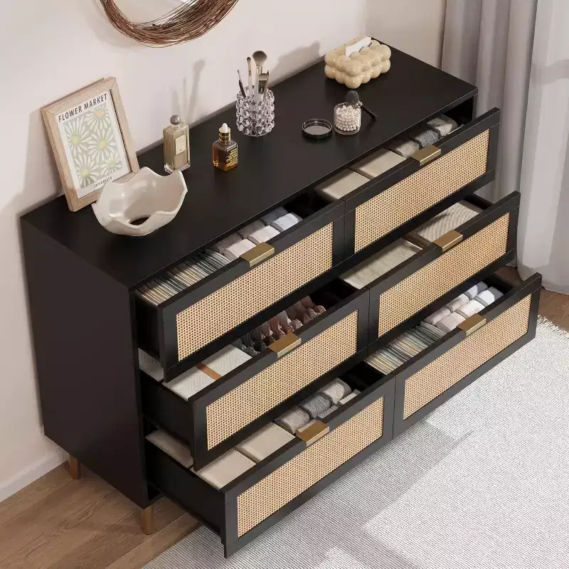29.5 Rattan 6-Drawer Storage Chest, Wide Cabinet with Large Tabletop, Anti-Tip Design for Bedroom & Living Room