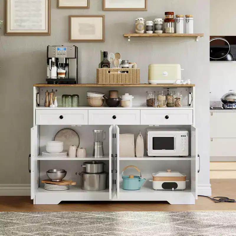 COZONY 51 Farmhouse Buffet Cabinet with Storage, Kitchen Hutch Sideboard Coffee Bar with 4 Barn Doors & 3 Drawers for Dining Room