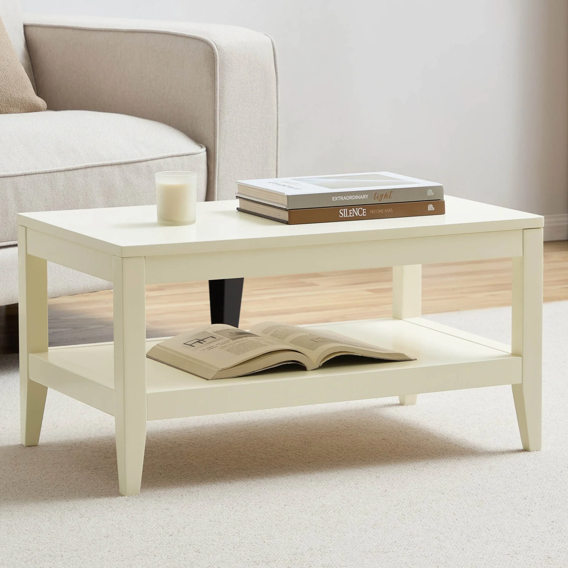 Modern Cream Painted Coffee Table with Open Shelf Storage for Living Room