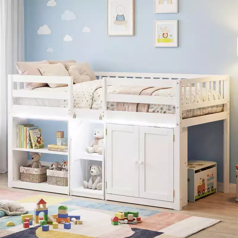 Twin Low Loft Bed with LED Light, Stairs & Guardrails, Modern Pine Wood Kids Bed, White/Mint/Gray