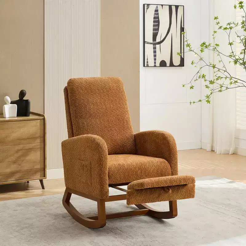 Rocking Accent Chair Living Room Chair with High Back Glider and Side Pocket Retractable Footrest Armchair for Bedroom Nursery