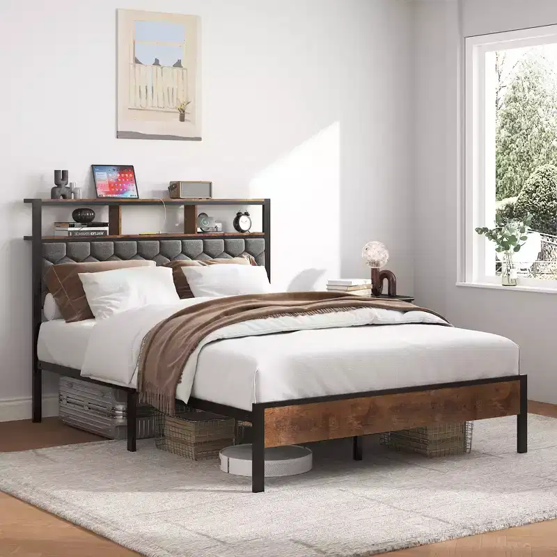 Full/Queen/King Size Platform Bed with Upholstered Headboard, Wooden Platform Bed Frame with Storage and 2 USB, Large Under Bed Storage, Brown