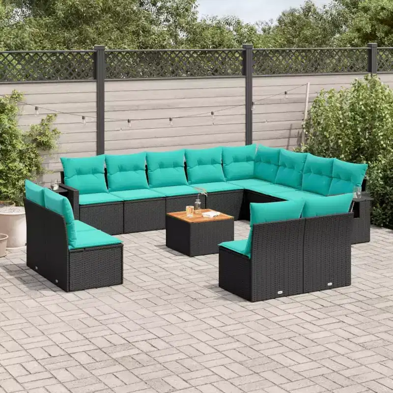 vidaXL 13 Piece Garden Sofa Set with Cushions Black Poly Rattan