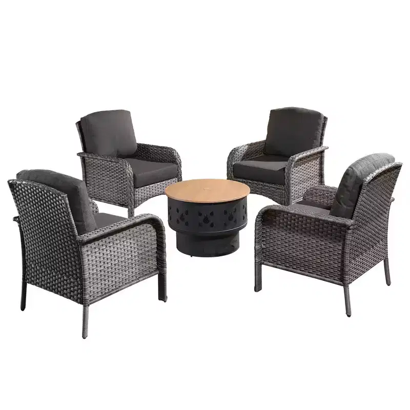Verona 5pc Wicker Outdoor Patio Furniture Set Conversation Sofa Loveseat with a Wood-Burning Fire Pit and Cushions