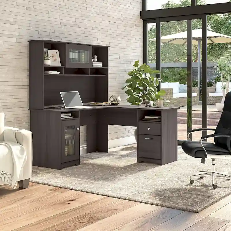 60W L-Shaped Desk with Hutch and Storage