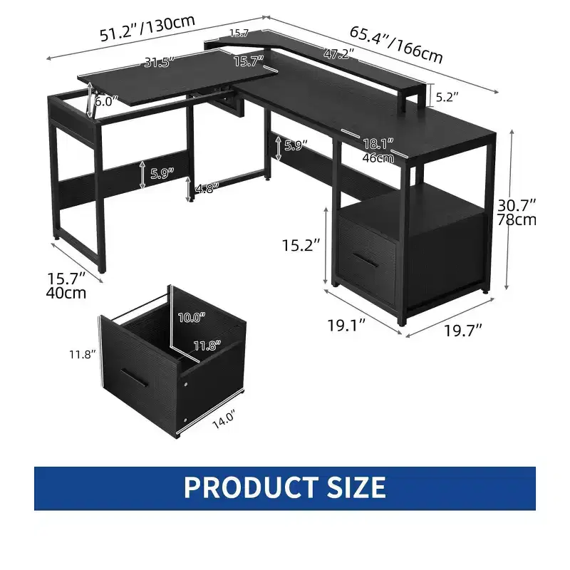 65inch L Shaped Desk with Lift Top Corner Computer Desk Office Desk With File Drawer for Home Office