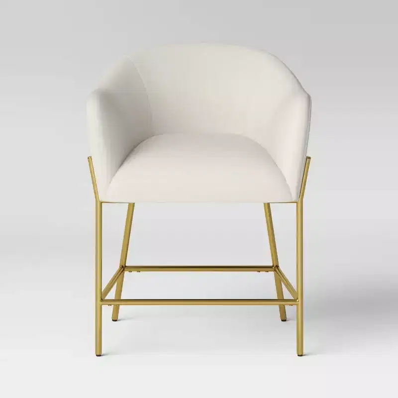 Counter Height Barrel Barstool – Cream Boucle, Brass Legs, Cushioned Seat & Back