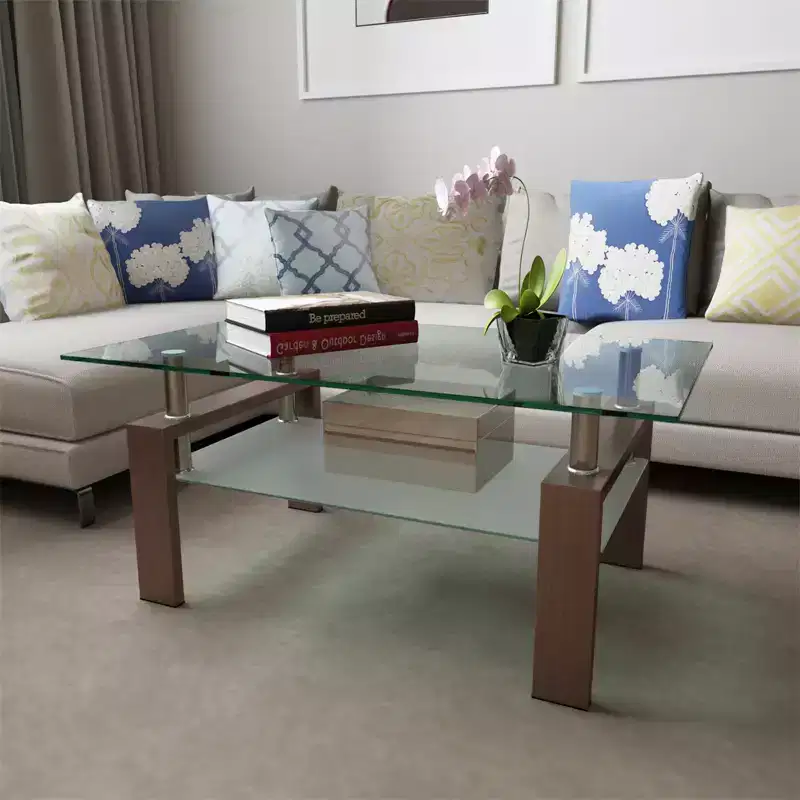 Modern Rectangular Glass Coffee Table with Lower Shelf, Living Room or Office Side Table