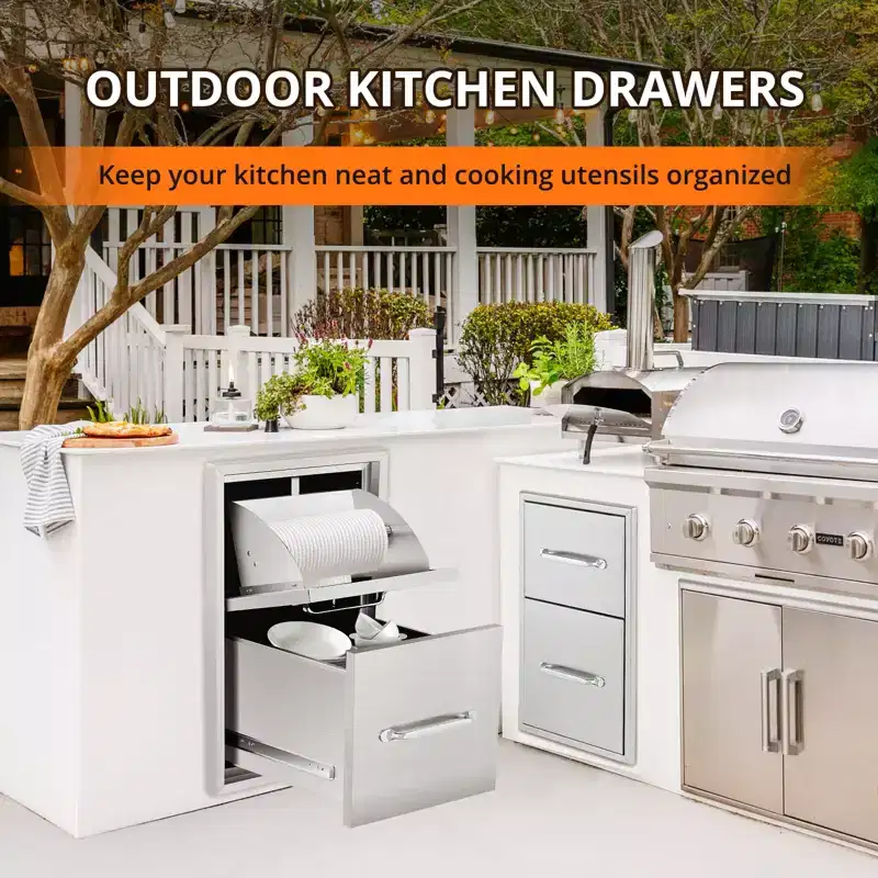 3 Layer Outdoor Kitchen Drawers with Paper Towel Holder - Stainless Steel Flush Mount Kitchen Access Drawer with Grooved Handle