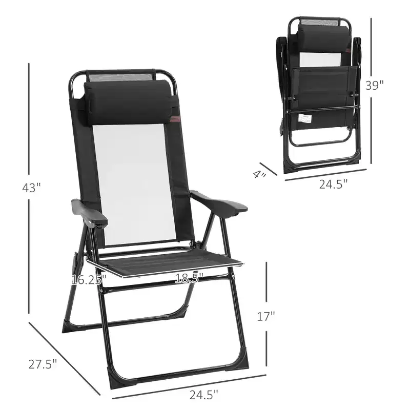 Folding Patio Dining Chairs Set of 2, Outdoor Deck Chair with Adjustable Sling Back, Camping Chair with Removable Headrest for Garden, Backyard,Black
