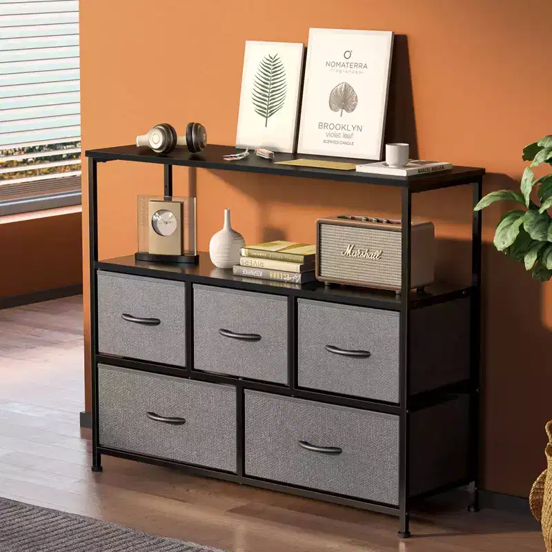 Versatile Storage Tower for Kid Rooms, Closets, Entryways, and Nurseries: Tall Dresser with Fabric and Wooden Top