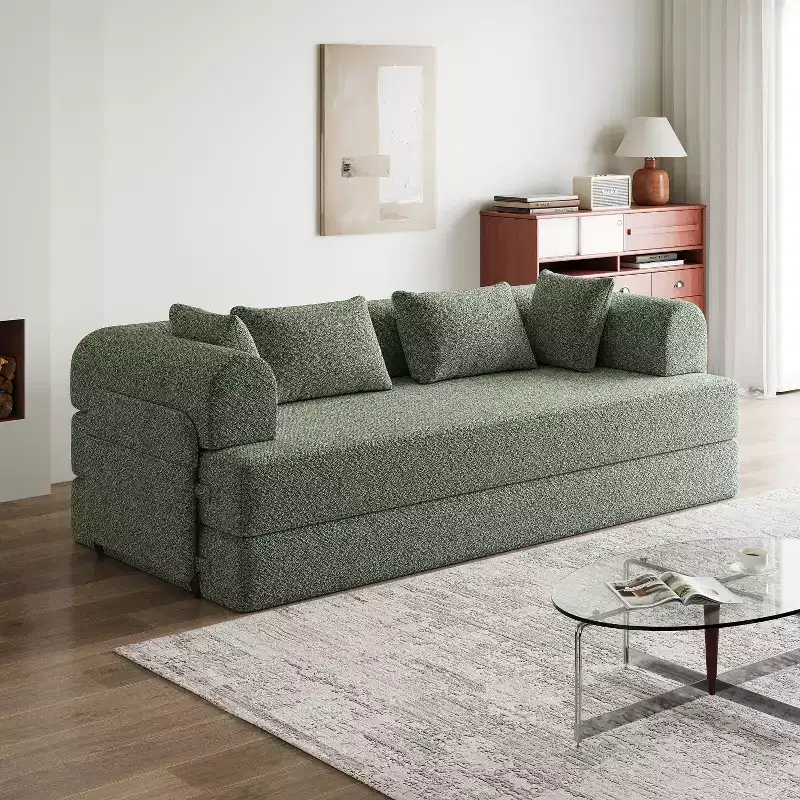78.7-Inch Green Chenille Folding Mattress Sofa with Cylindrical Pillow Floor Sofa Lounge Couch for Living Room Bedroom Lounge Studio
