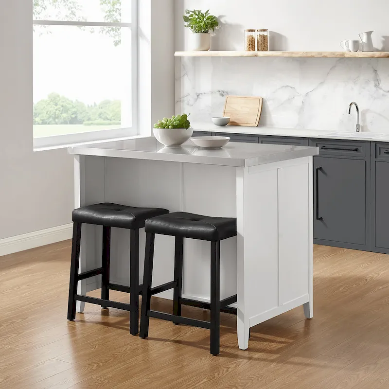 Crosley Silvia Stainless Steel Top Island W/Uph Saddle Stools - 47d x 46w x 36.5h