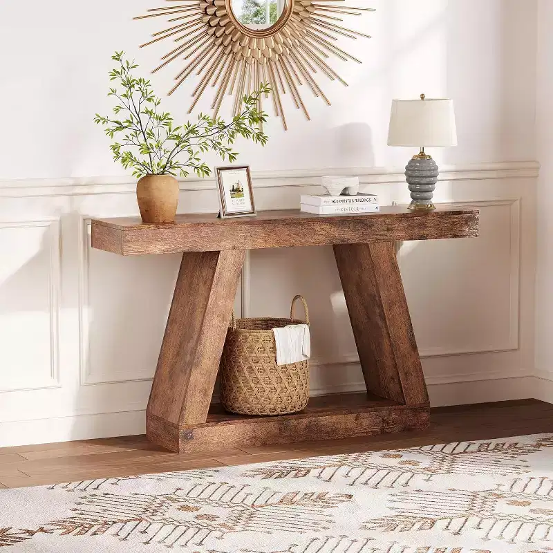 Console Table with Open Shelf, 2-Tier Wooden Sofa Table for Entryway, Hallway & Living Room - Trapezium Design Entryway Furniture