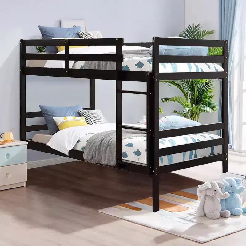 Twin Over Twin Wood Bunk Bed with Ladder and Safety Rail in Espresso or White