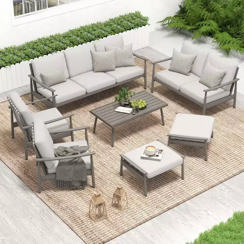 HAPPATIO 7 Pieces Outdoor Conversation Set with 1 Three-Seater Sofa, Coffee Table, Loveseat, 2 Sofas