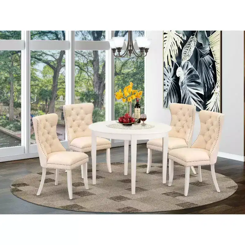 5-Piece Linen White Solid Wood Top - Round Upholstered Dining Room Set - Seats-4