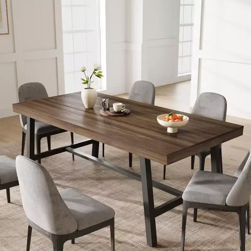 Rustic Wood Dining Table for 6-8 People with Sturdy Black Metal Legs, Industrial Rectangle Design, Perfect for Kitchen, Dining Room, Living Room
