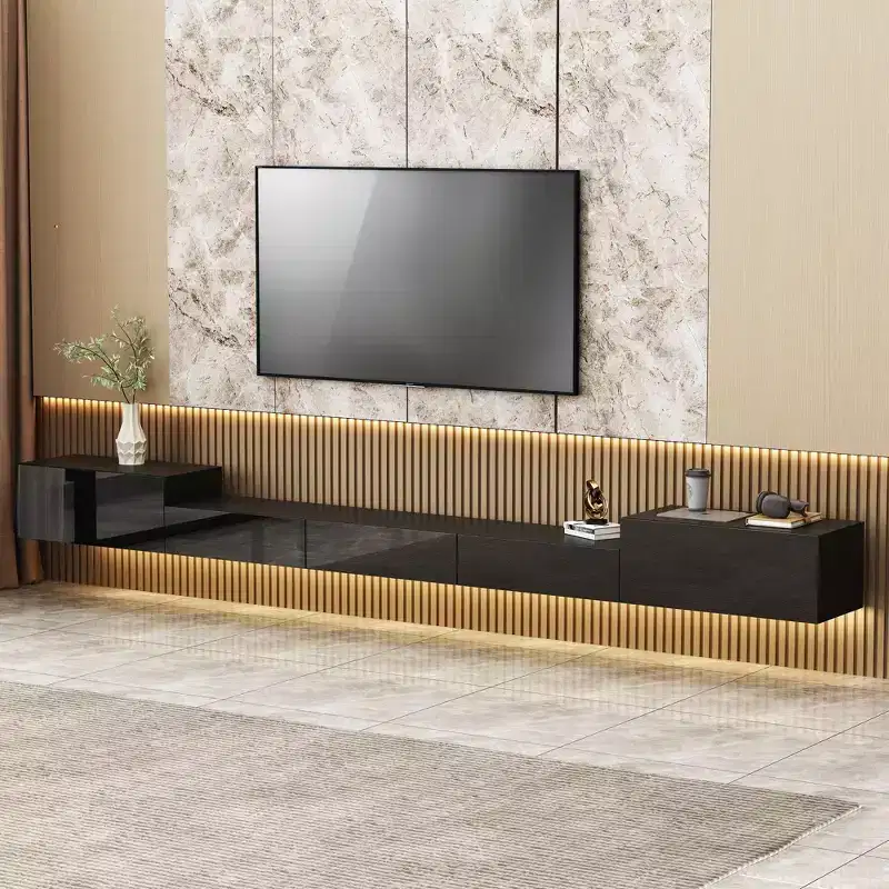 Famapy Black Wall Mounted Entertainment Center With LED Light