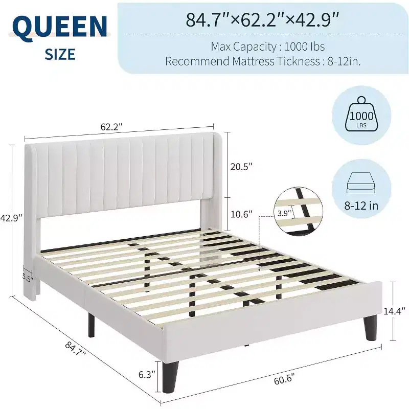 Acekool Bed Frame with Wingback Headboard, Upholstered Platform Bed, Vertical Channel Tufted, Wood Slats Support, No Box Spring Needed, White