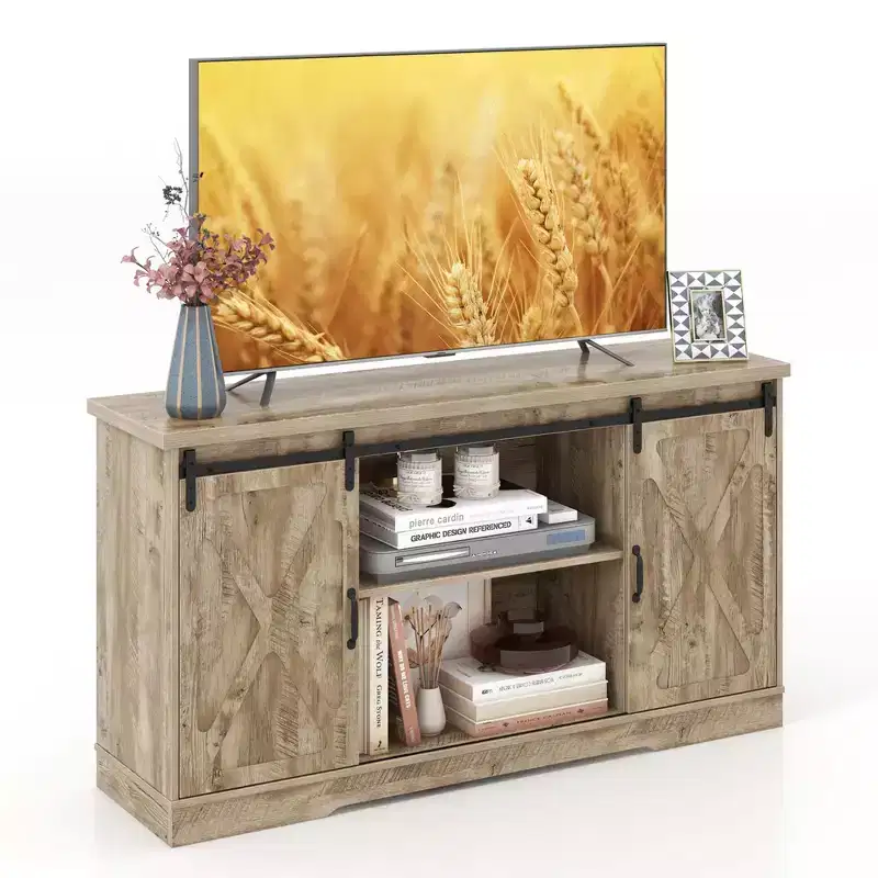 Farmhouse TV Stand with Sliding Barn Doors and Adjustable Shelves for TVs up to 65