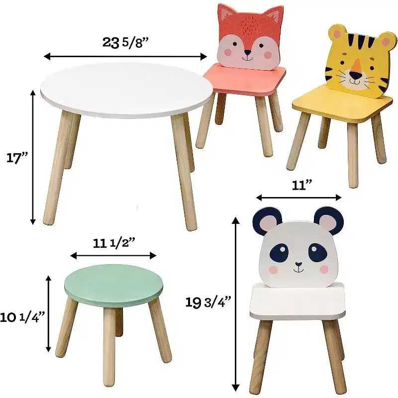 Kids Wooden Animal Table & Chair Set w 4 Seats- Tiger Panda, Fox & Adult Stool- Playroom Furniture for Home Daycare Classroom- Toddler Activity Center
