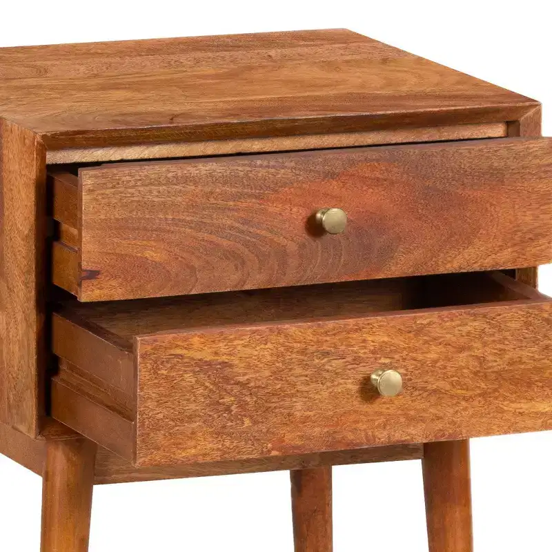 Royal Hampton Bedside Nightstand Table with 2 Drawers and Brass Knobs, Mango Wood Construction