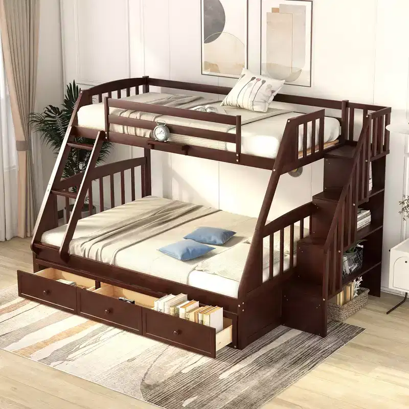 Twin over Full Bunk Bed with Drawers and Storage Staircase, Convertible Solid Wood Detachable Bunk Bed Frame