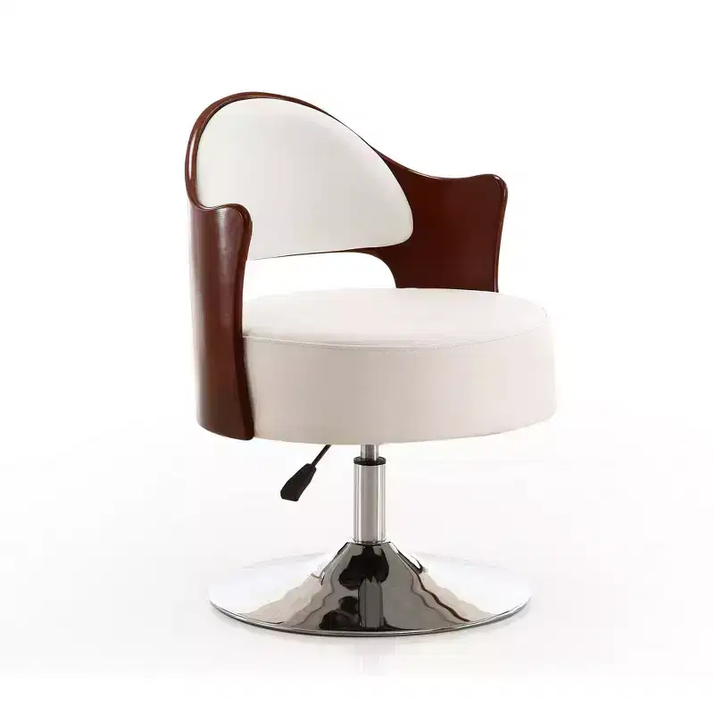 Faux Leather Adjustable Height Swivel Accent Chair with Round Seat Wood Grain Back and Metal Base