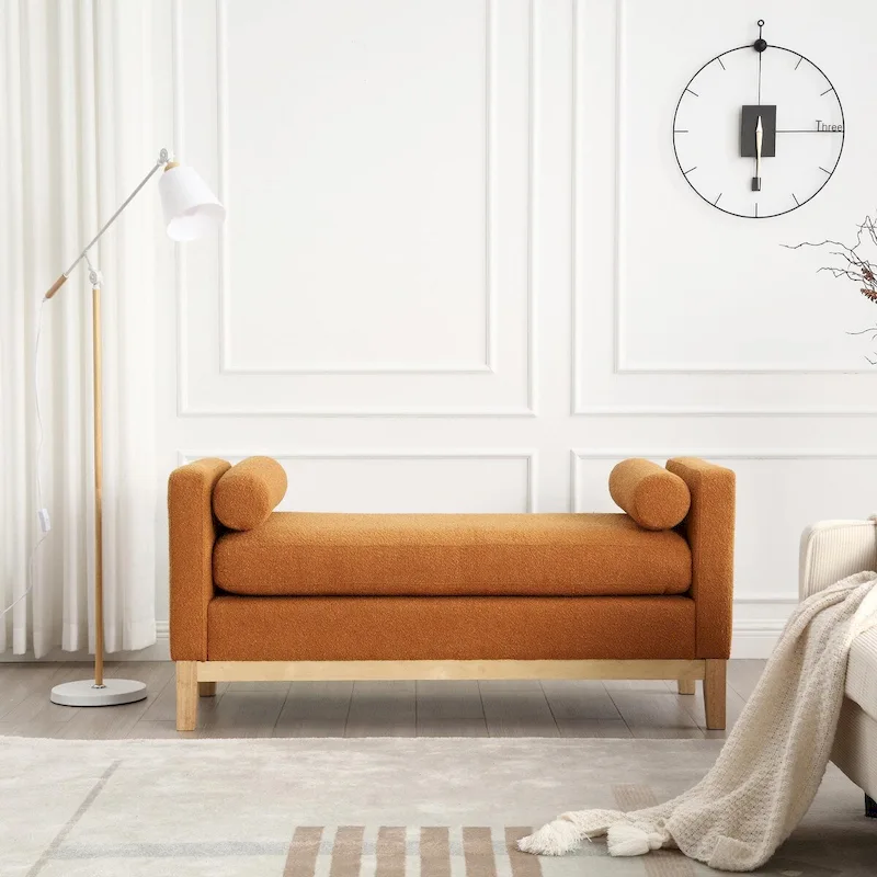 Elegant 53.5 Upholstered Ottoman Bench with Wood Legs & Bolster Pillows