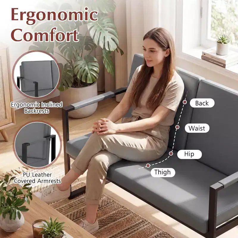 Modern 2-Seater Loveseat Sofa with Solid Metal Frame & Removable Back Cushions, Brown/Gray + Black