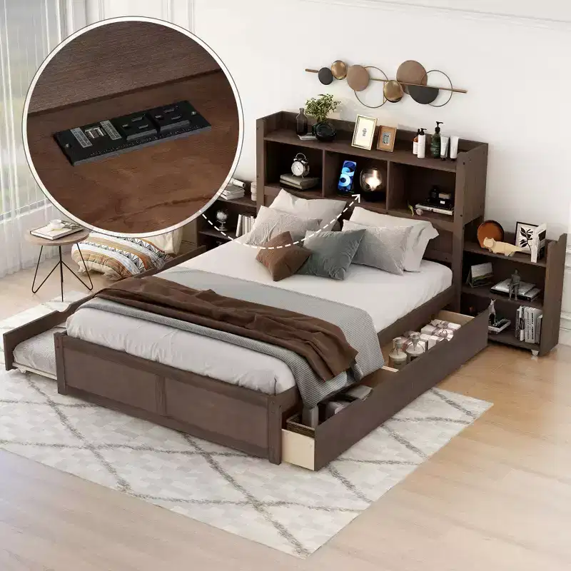 Full Storage Platform Bed with Trundle, Bookcase Headboard and Charging Station, Wooden Full Size Bed Frame with Shelves and Drawers