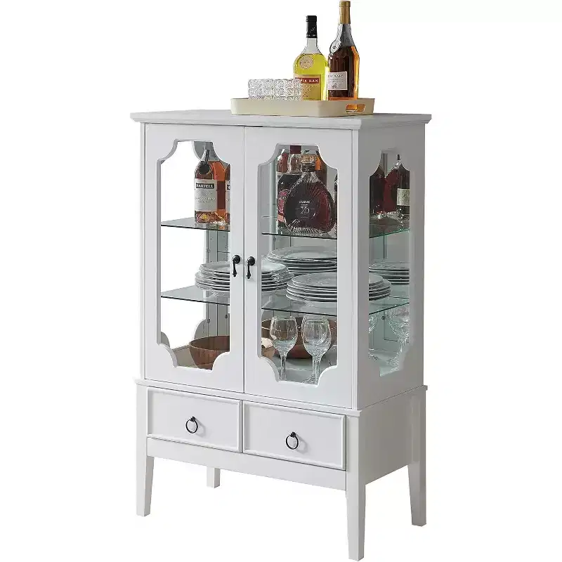 Gold Curio Storage Cabinet with Glass Doors & 2 Drawers, MDF, 28