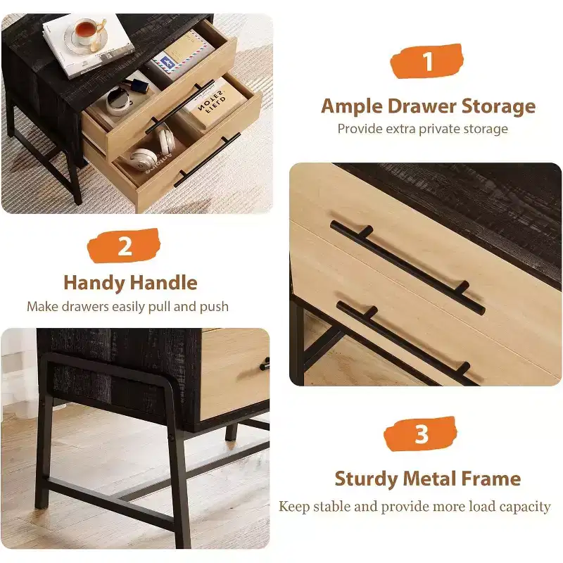 DobleePy 24 Dark Brown Farmhouse Nightstand, 2-Drawer Light Wood Side Table with Metal Legs, Bedroom Living Room Bedside Table