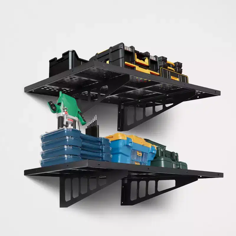 2-Pack Garage Wall Shelves, Heavy Duty Floating Shelving with 4 Hooks, 560lbs Capacity Wall Mounted Storage Rack