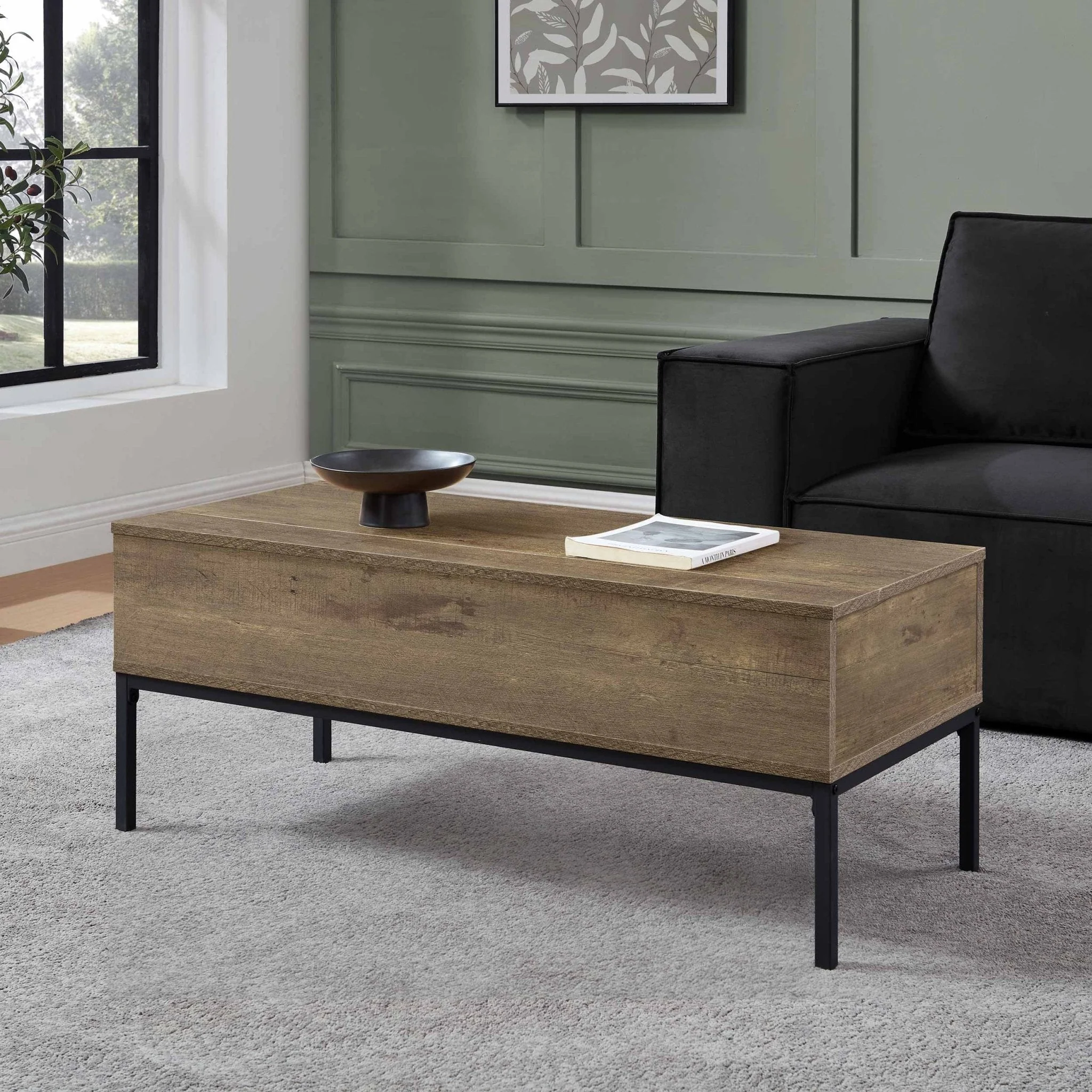 Modern Natural Mango Wood Lift-Top Coffee Table with Hidden Storage for Living Room