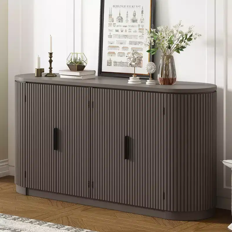 Vertical Striped Door Storage Cabinet with Metal Handles and Adjustable Shelves for Dining Room, Living Room