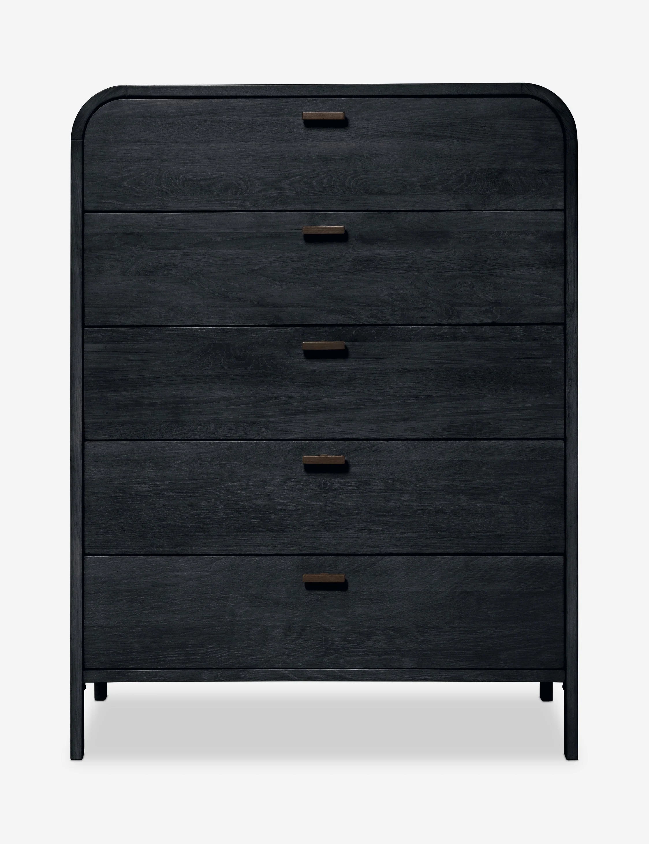 Dresser The refined finish of this tall dresser complements the arched corners of its undersd design. It is fitted with sk iron pulls and five