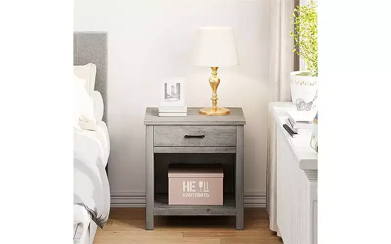 22 width Nightstand with Drawer, Grey Night Stand End Table Living Room with Storage Shelf, Wooden Bedside Table for Bedroom Nursery Office