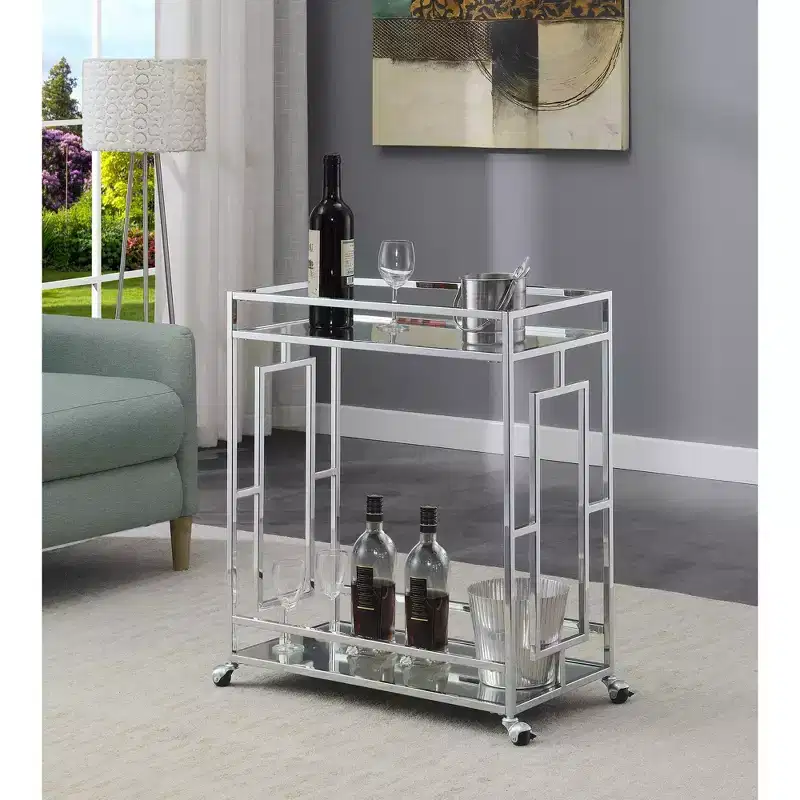 Town Square Bar Cart Clear Glass/Mirror/Chrome - Breighton Home: Glam Style, 2 Tier, Lockable Wheels
