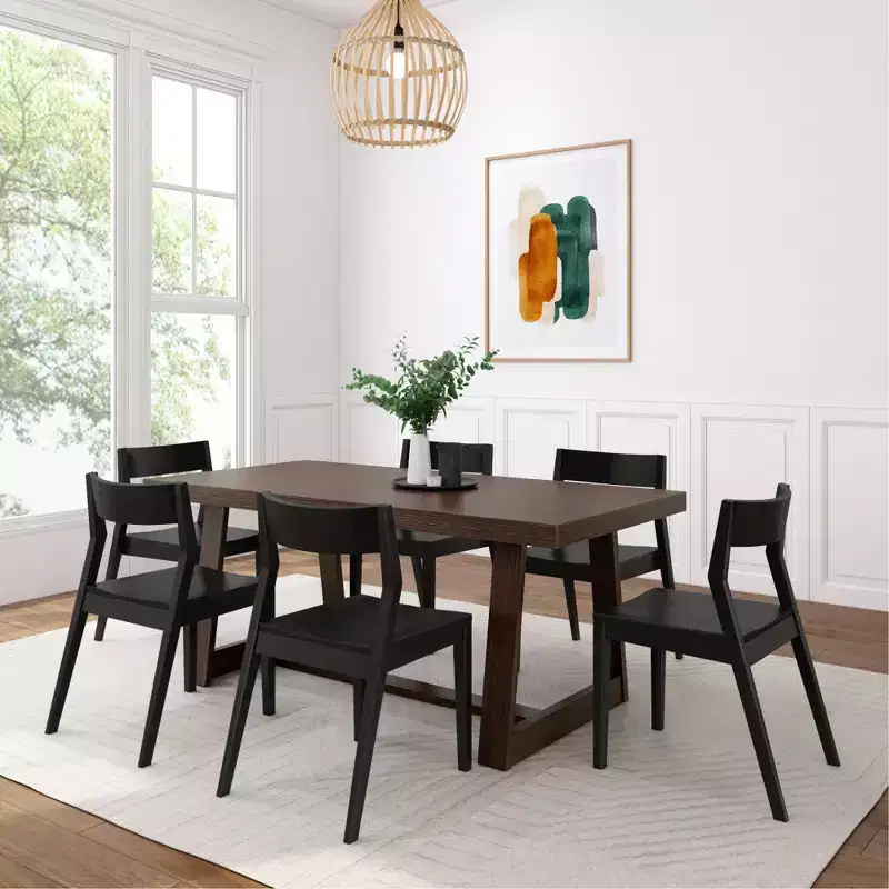 Plank+Beam 72 Classic Solid Wood Dining Table Set, Walnut Wirebrush, + 6 Chairs