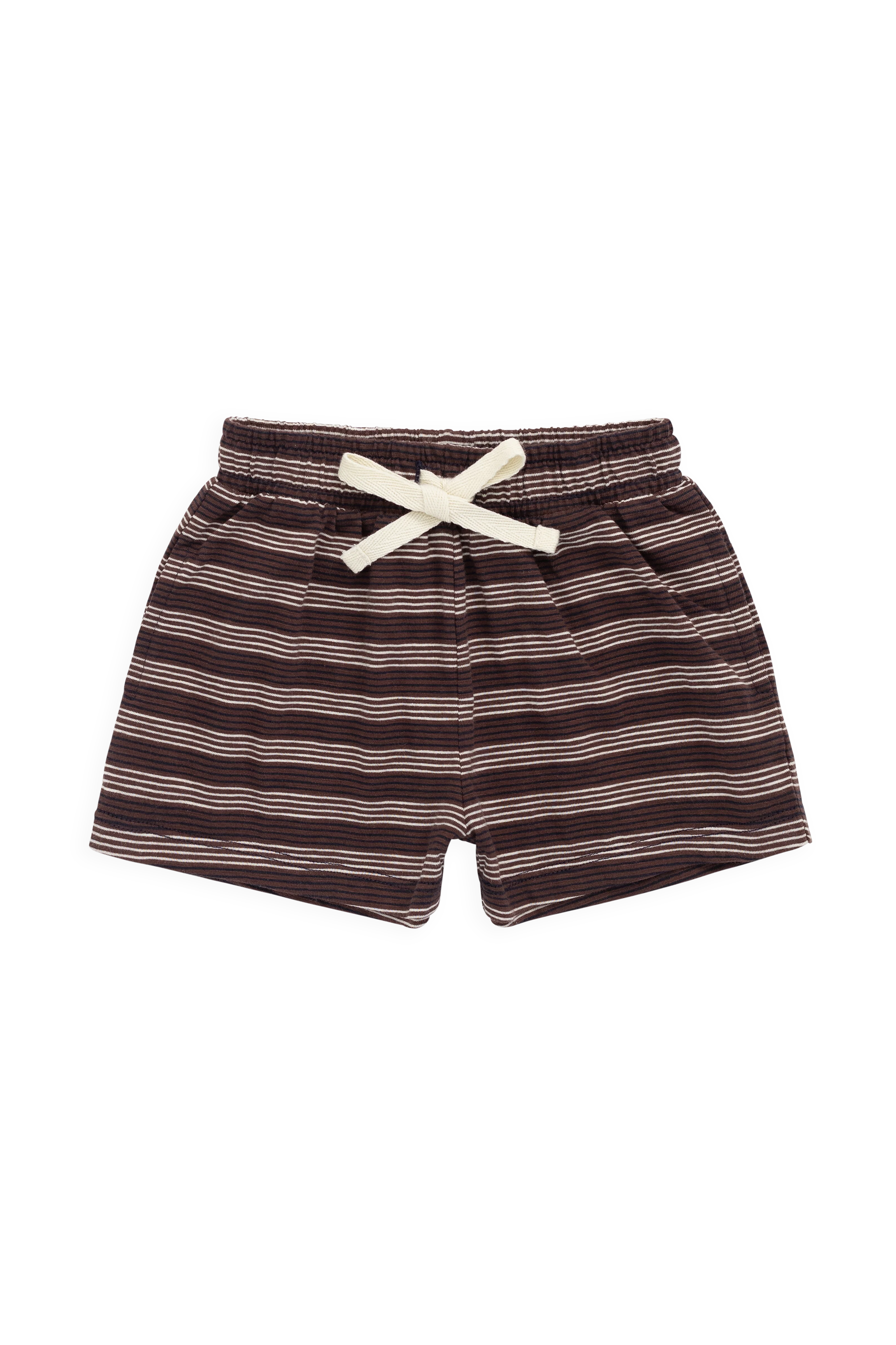 Casual Earthy Regal Multi-Stripe Slub Cotton Short with Elastic Waistband & Decorative Drawcord for Kids Active Summer Days