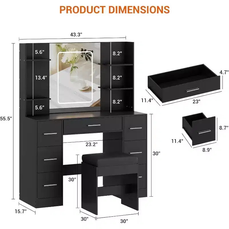 Vanity Desk with Mirror and Chair, 7 Drawers and 6 Storage Shelves for Bedroom