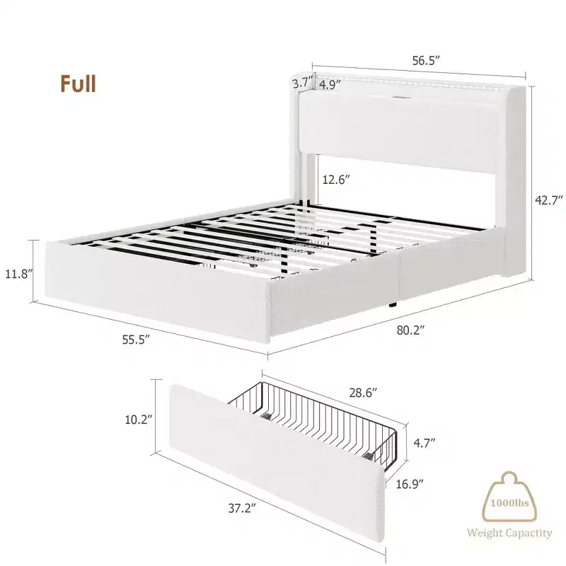 Bed Frame with 4 Storage Drawers, Upholstered Bed Frame with Headboard, Charging Station LED Lights, No Box Spring Needed, Noise Free