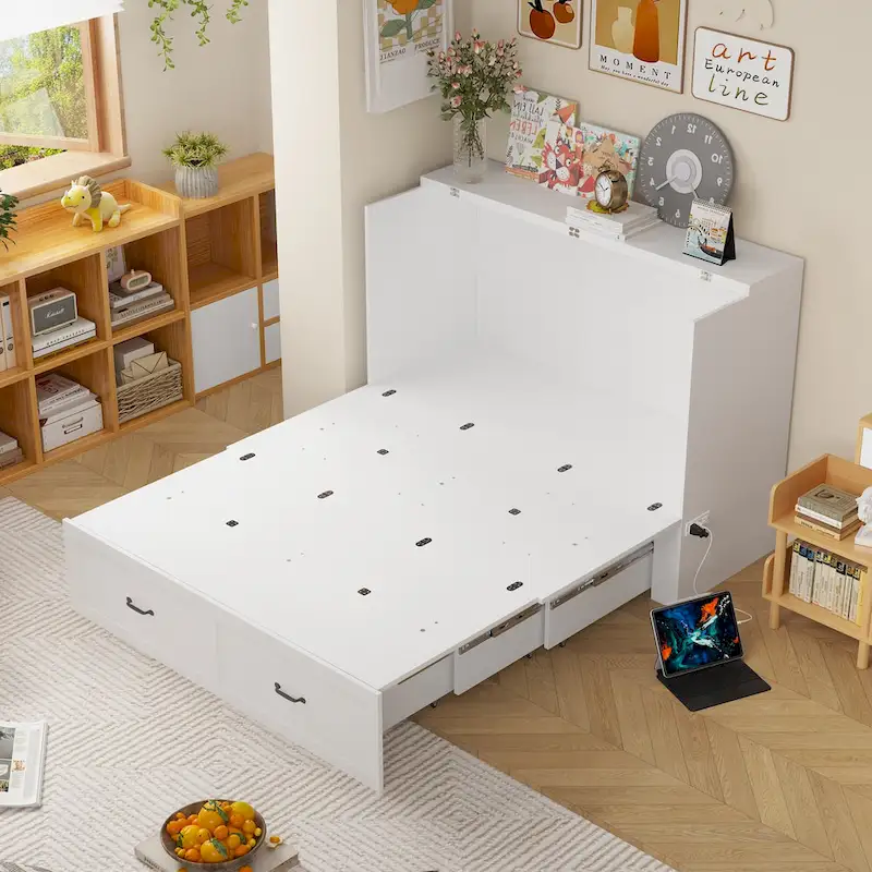 Modern Wood Full Murphy Bed Chest in White Finish Dresser 2-1 Cabinet